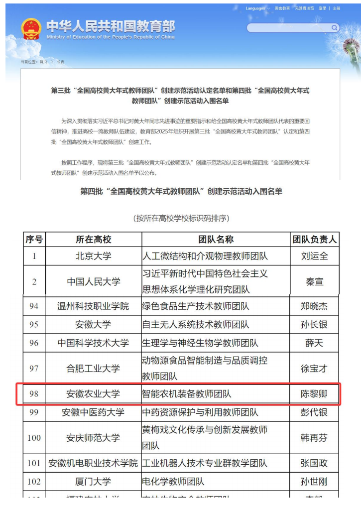 全国高校黄大年式教师团队 （智能农机装备教师团队）